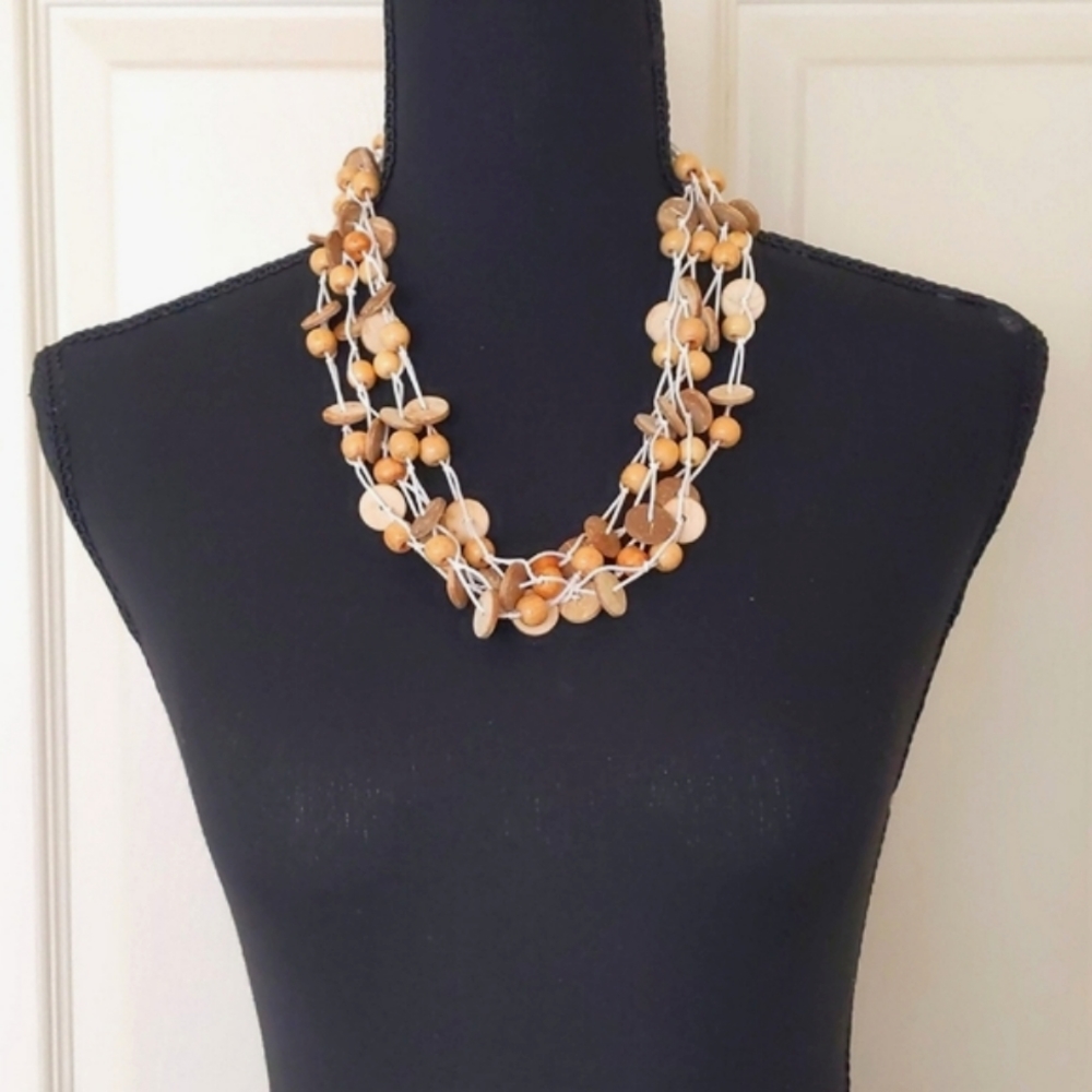RARE! NWOT. Vintage Multiple Strands of Wooden Beads and Buttons Necklace.
